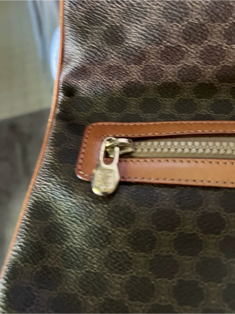 Celine Brown Patterned Clutch with Tan Trim